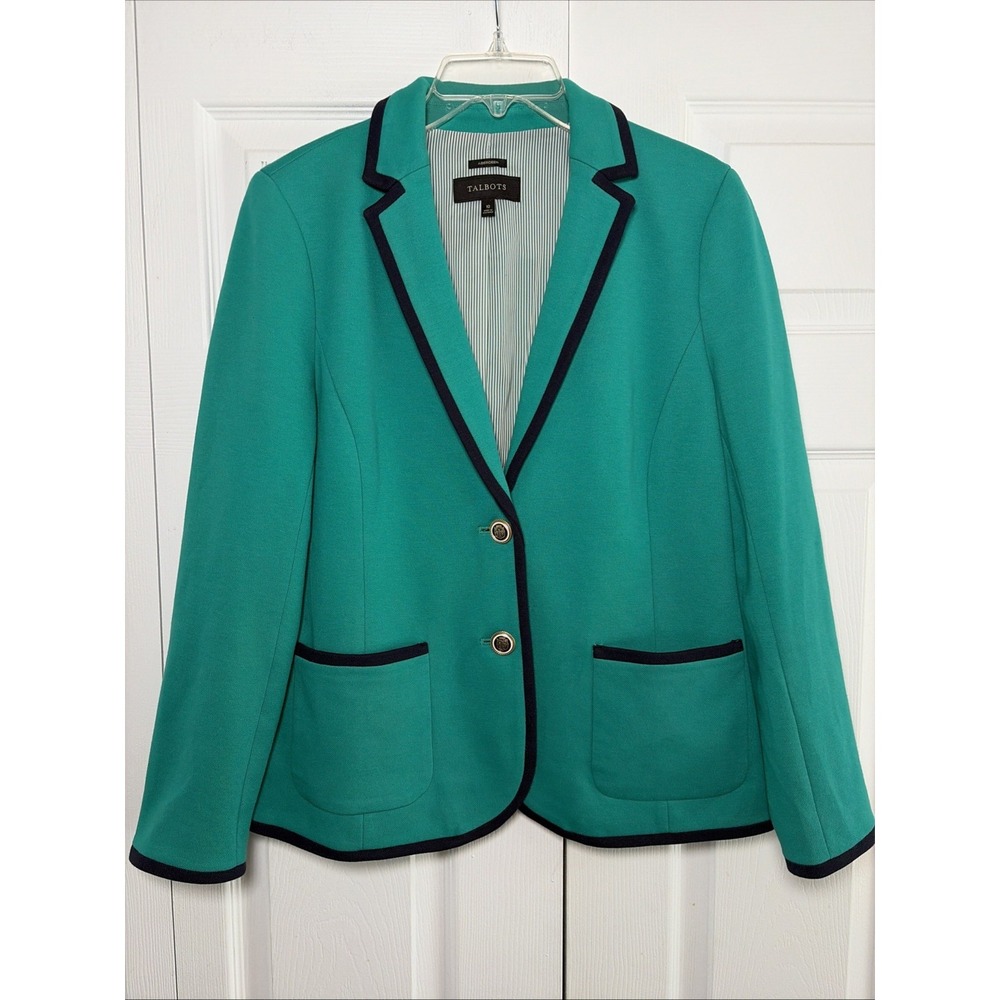 Talbots Aberdeen Knit Blazer Womens Size 10 Green Navy Trim Career Cotton Blend